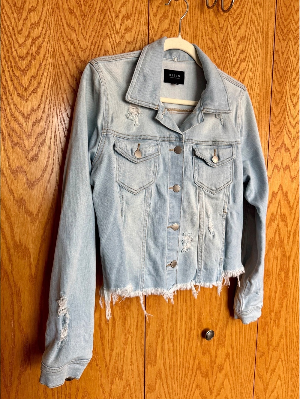 RISEN Women’s M Cropped Denim Jacket Light Wash Distressed Raw Hem